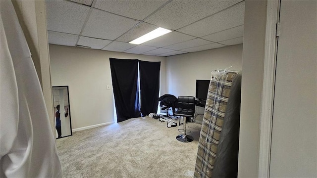 carpeted home office featuring a paneled ceiling