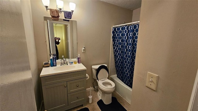 full bathroom with toilet, shower / bathtub combination with curtain, tile patterned floors, a textured ceiling, and vanity