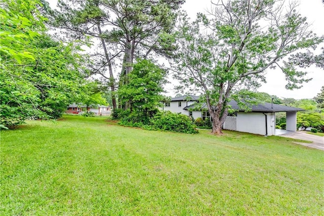 view of yard with a carport and concrete driveway