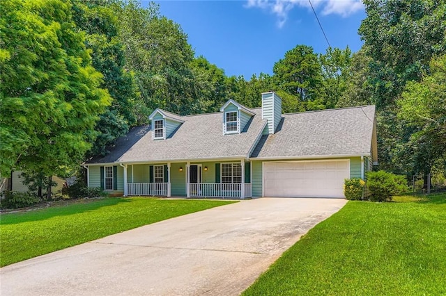 230 Belmont Trl, Covington, GA 30016 - new england style home featuring covered porch, an attached garage, driveway, a front yard, and a chimney