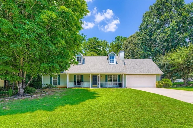 230 Belmont Trl, Covington, GA 30016 - cape cod house featuring a porch, an attached garage, driveway, a front lawn, and a chimney