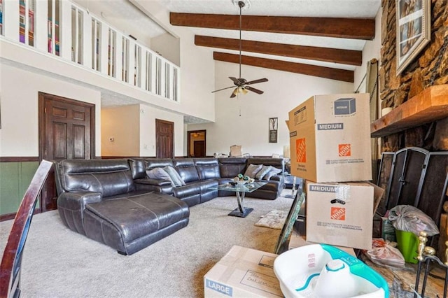 270 Oak Ridge Rd, Covington, GA 30016 - living area featuring carpet floors, ceiling fan, high vaulted ceiling, and beamed ceiling