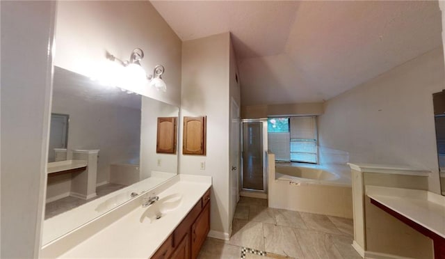 bathroom featuring vanity, lofted ceiling, and plus walk in shower