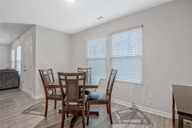 dining space with wood finished floors, visible vents, and baseboards