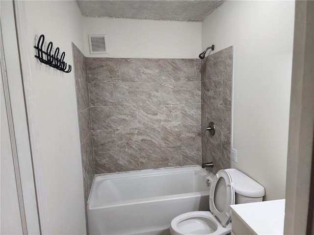 full bath with shower / bath combination, visible vents, toilet, and vanity