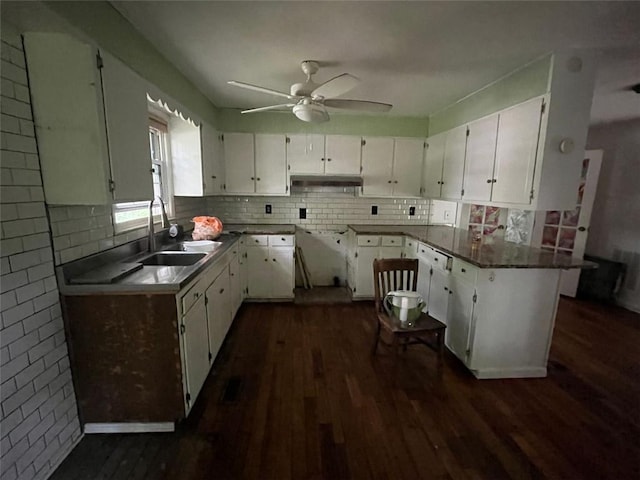 15 Liberty St, Gainesville, GA 30501 - kitchen featuring dark wood finished floors, under cabinet range hood, ceiling fan, and decorative backsplash