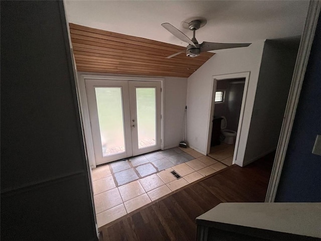 15 Liberty St, Gainesville, GA 30501 - doorway to outside with french doors, ceiling fan, light tile patterned flooring, vaulted ceiling, and wooden ceiling
