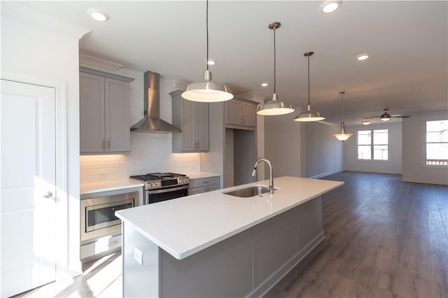 kitchen featuring wall chimney exhaust hood, stainless steel appliances, decorative backsplash, ceiling fan, and sink