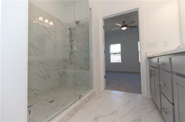 bathroom featuring walk in shower and ceiling fan