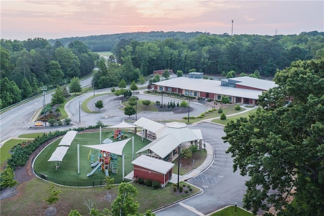 view of aerial view at dusk