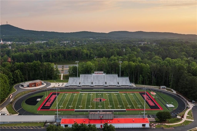 aerial view at dusk with a mountain view