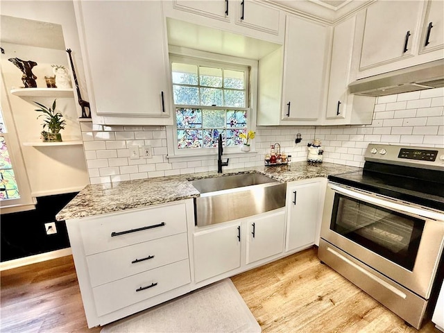 5347 Ocarol Ct, Stone Mountain, GA 30088 - kitchen featuring electric stove, light wood finished floors, light stone countertops, and tasteful backsplash