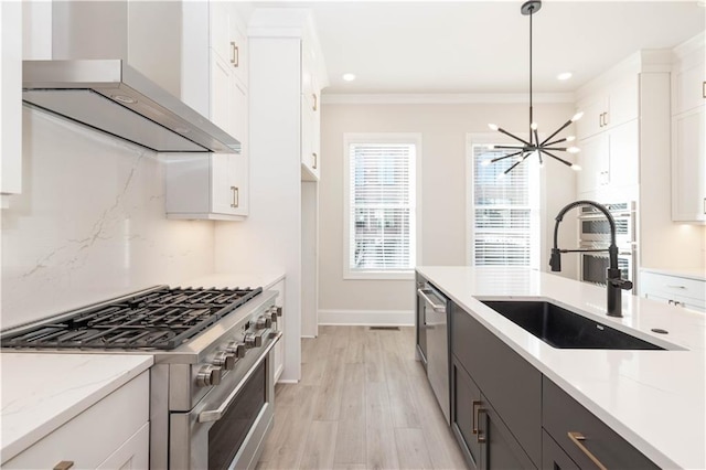 kitchen with sink, hanging light fixtures, appliances with stainless steel finishes, wall chimney range hood, and white cabinets