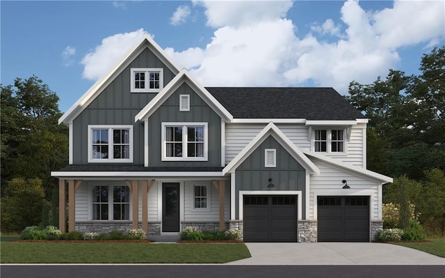 view of front of house with driveway, stone siding, board and batten siding, a shingled roof, and an attached garage