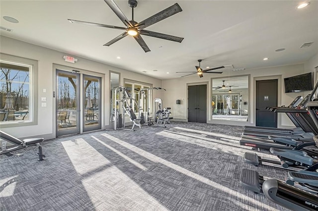 gym with recessed lighting, ceiling fan, carpet floors, and baseboards