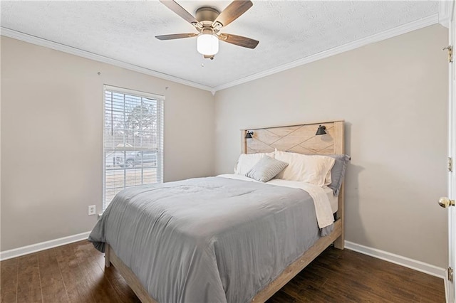 bedroom featuring ceiling fan, a textured ceiling, dark hardwood / wood-style flooring, and ornamental molding