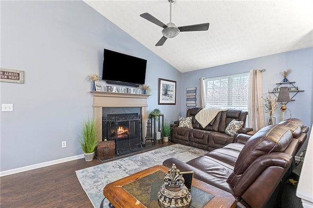 living room with dark hardwood / wood-style floors, vaulted ceiling, and ceiling fan