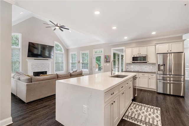 5041 Corinault Pl NW, Acworth, GA 30101 - kitchen with stainless steel appliances, a sink, dark wood finished floors, healthy amount of natural light, and lofted ceiling