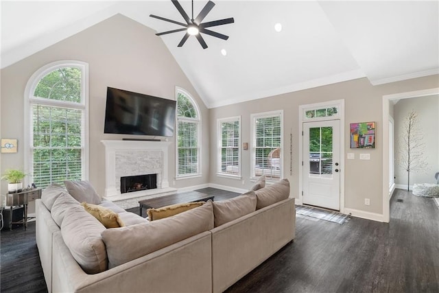 5041 Corinault Pl NW, Acworth, GA 30101 - living room with ceiling fan, a fireplace, dark wood-style floors, high vaulted ceiling, and baseboards
