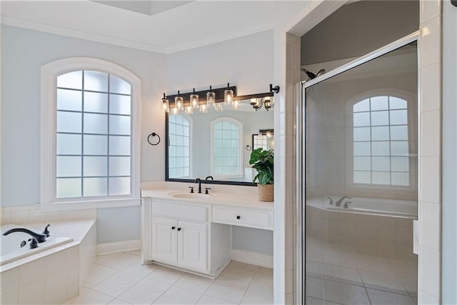5041 Corinault Pl NW, Acworth, GA 30101 - bathroom featuring tile patterned floors, vanity, a bath, a stall shower, and baseboards