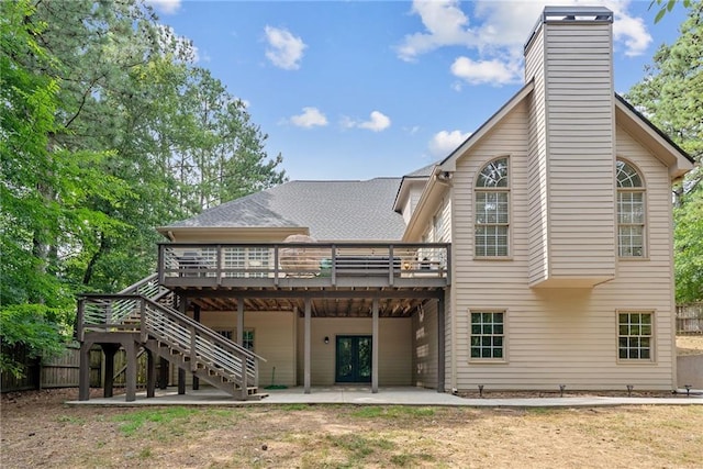 5041 Corinault Pl NW, Acworth, GA 30101 - back of house featuring a wooden deck, a patio area, french doors, a chimney, and stairs