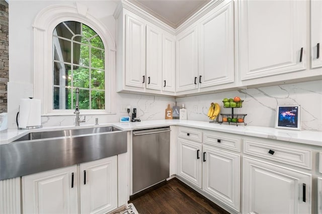 882 Hallbrook Ln, Milton, GA 30004 - kitchen with stainless steel dishwasher, backsplash, white cabinetry, and a sink