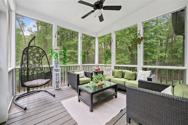 882 Hallbrook Ln, Milton, GA 30004 - sunroom / solarium featuring a ceiling fan, outdoor lounge area, and lofted ceiling