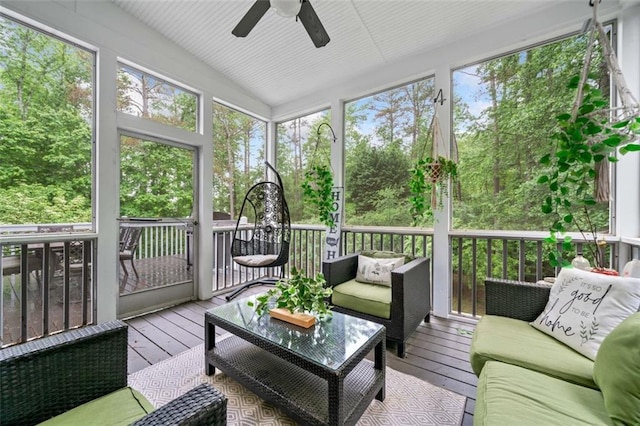 882 Hallbrook Ln, Milton, GA 30004 - sunroom / solarium featuring ceiling fan, healthy amount of natural light, outdoor lounge area, and vaulted ceiling