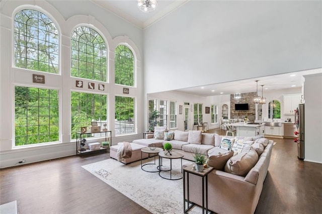 882 Hallbrook Ln, Milton, GA 30004 - living area with ornamental molding, dark wood finished floors, healthy amount of natural light, and a towering ceiling