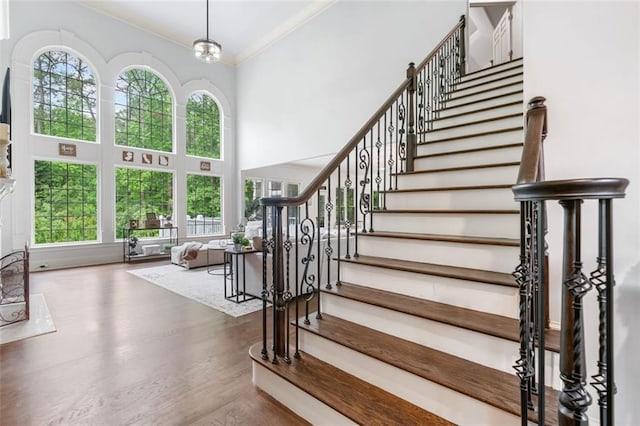 882 Hallbrook Ln, Milton, GA 30004 - staircase with ornamental molding, a high ceiling, and wood finished floors