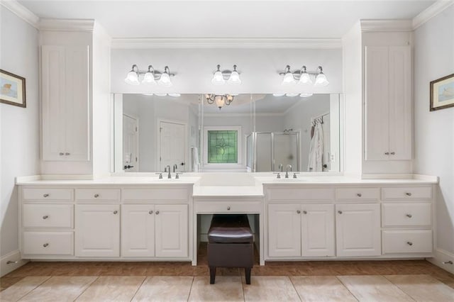 882 Hallbrook Ln, Milton, GA 30004 - full bathroom with double vanity, a shower stall, crown molding, and baseboards