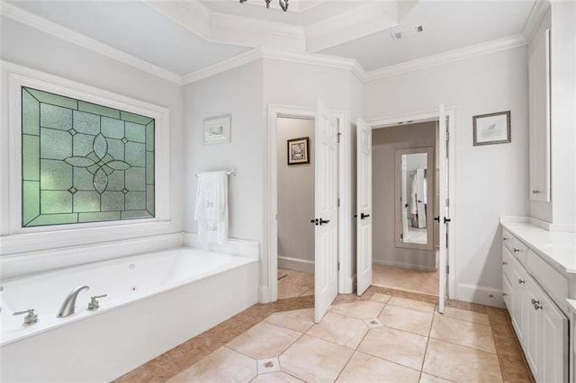 882 Hallbrook Ln, Milton, GA 30004 - full bathroom with vanity, a whirlpool tub, crown molding, tile patterned flooring, and baseboards