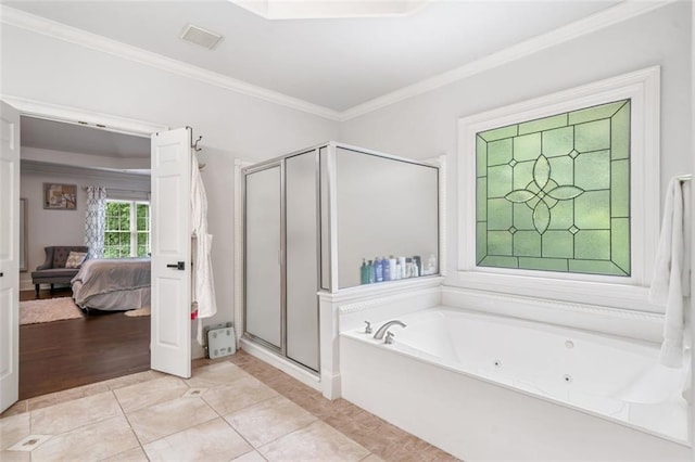 882 Hallbrook Ln, Milton, GA 30004 - bathroom with a stall shower, ensuite bathroom, a tub with jets, ornamental molding, and tile patterned floors