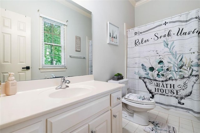 882 Hallbrook Ln, Milton, GA 30004 - bathroom with toilet, crown molding, vanity, tile patterned floors, and curtained shower