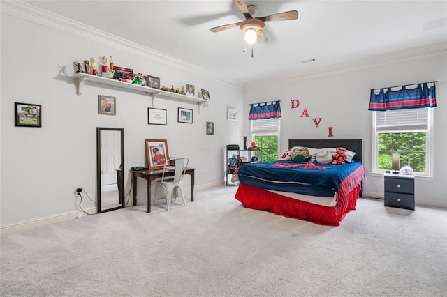 882 Hallbrook Ln, Milton, GA 30004 - bedroom with carpet, ornamental molding, multiple windows, baseboards, and ceiling fan