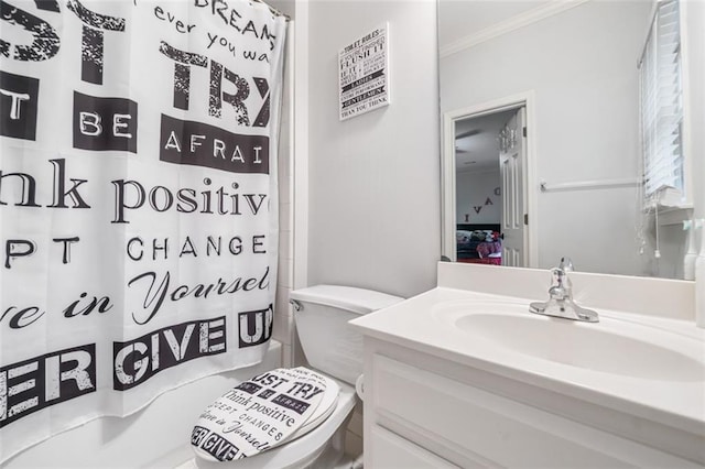 882 Hallbrook Ln, Milton, GA 30004 - full bathroom with crown molding, vanity, toilet, and shower / bath combination with curtain