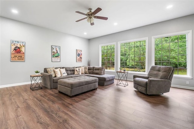 882 Hallbrook Ln, Milton, GA 30004 - living room featuring dark wood-style flooring, a ceiling fan, baseboards, and recessed lighting