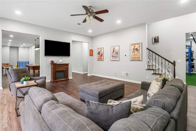 882 Hallbrook Ln, Milton, GA 30004 - living room featuring ceiling fan, wood finished floors, stairway, recessed lighting, and baseboards