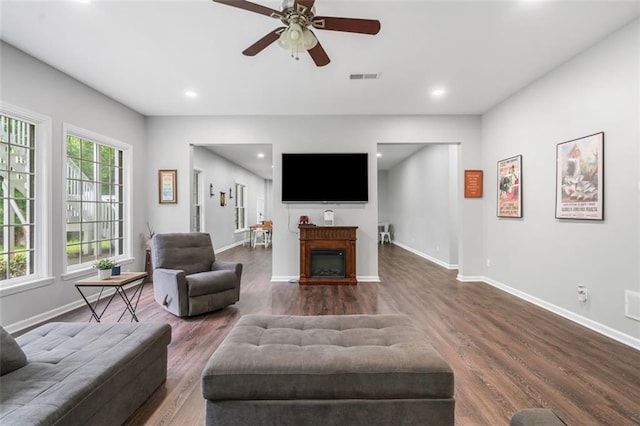 882 Hallbrook Ln, Milton, GA 30004 - living room featuring baseboards, dark wood-style flooring, recessed lighting, a ceiling fan, and a fireplace