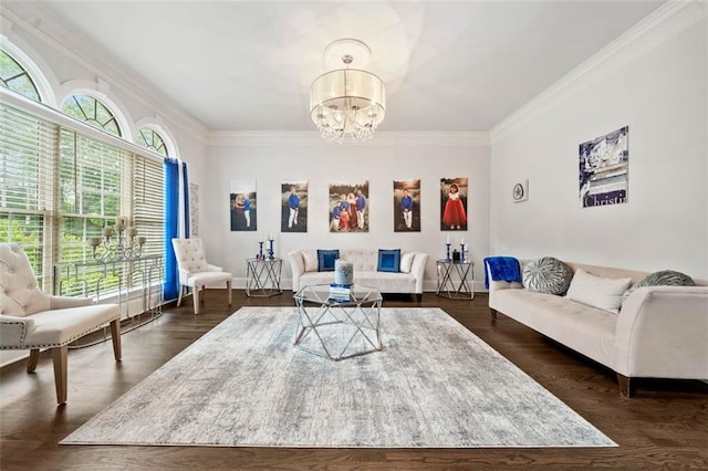 882 Hallbrook Ln, Milton, GA 30004 - living area featuring ornamental molding, a chandelier, dark wood finished floors, and baseboards