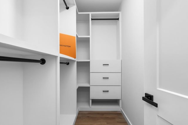 spacious closet featuring dark hardwood / wood-style flooring