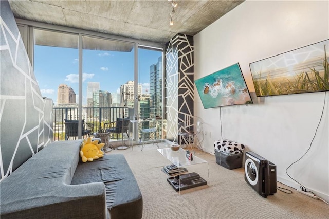 living room with carpet flooring and floor to ceiling windows