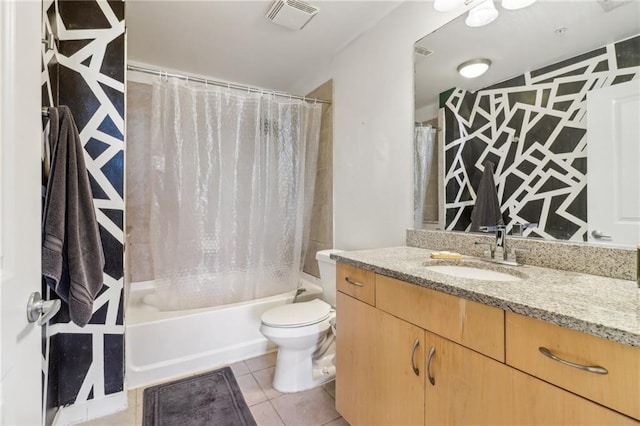 full bathroom with vanity, shower / bath combo with shower curtain, toilet, and tile patterned floors