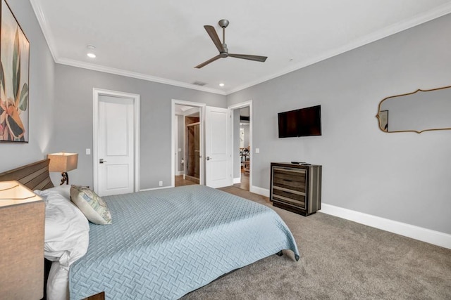 bedroom featuring visible vents, crown molding, carpet, baseboards, and recessed lighting