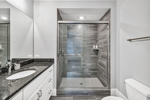 bathroom with a shower stall, toilet, and vanity
