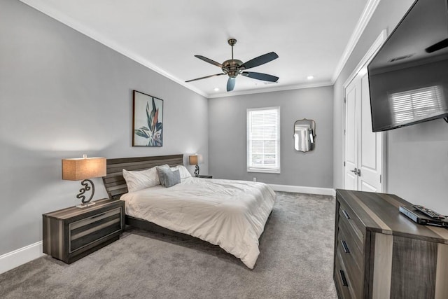 bedroom with crown molding, baseboards, ceiling fan, recessed lighting, and carpet floors