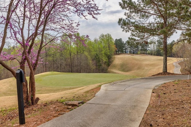 view of property's community with view of golf course and a yard