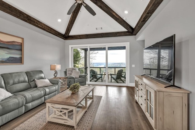 living area featuring high vaulted ceiling, beam ceiling, hardwood / wood-style flooring, visible vents, and ceiling fan