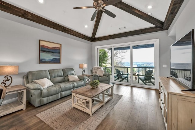 living area featuring visible vents, beamed ceiling, recessed lighting, a ceiling fan, and wood-type flooring