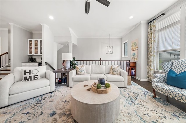 3 Hundley Ln, Roswell, GA 30076 - living room featuring ornamental molding, a ceiling fan, baseboards, wood finished floors, and recessed lighting
